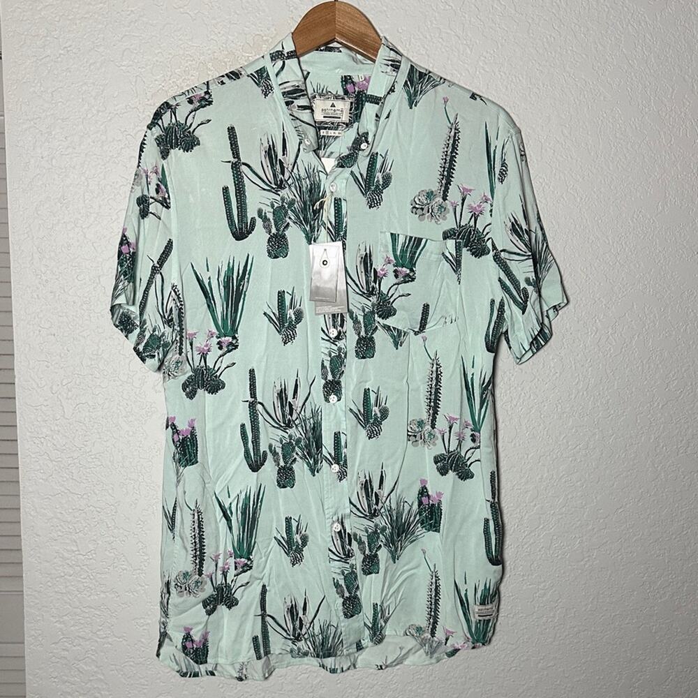 NEW Astrneme Men's Green Cactus Print Shirt Rayon Short Sleeve Vacation Tropical